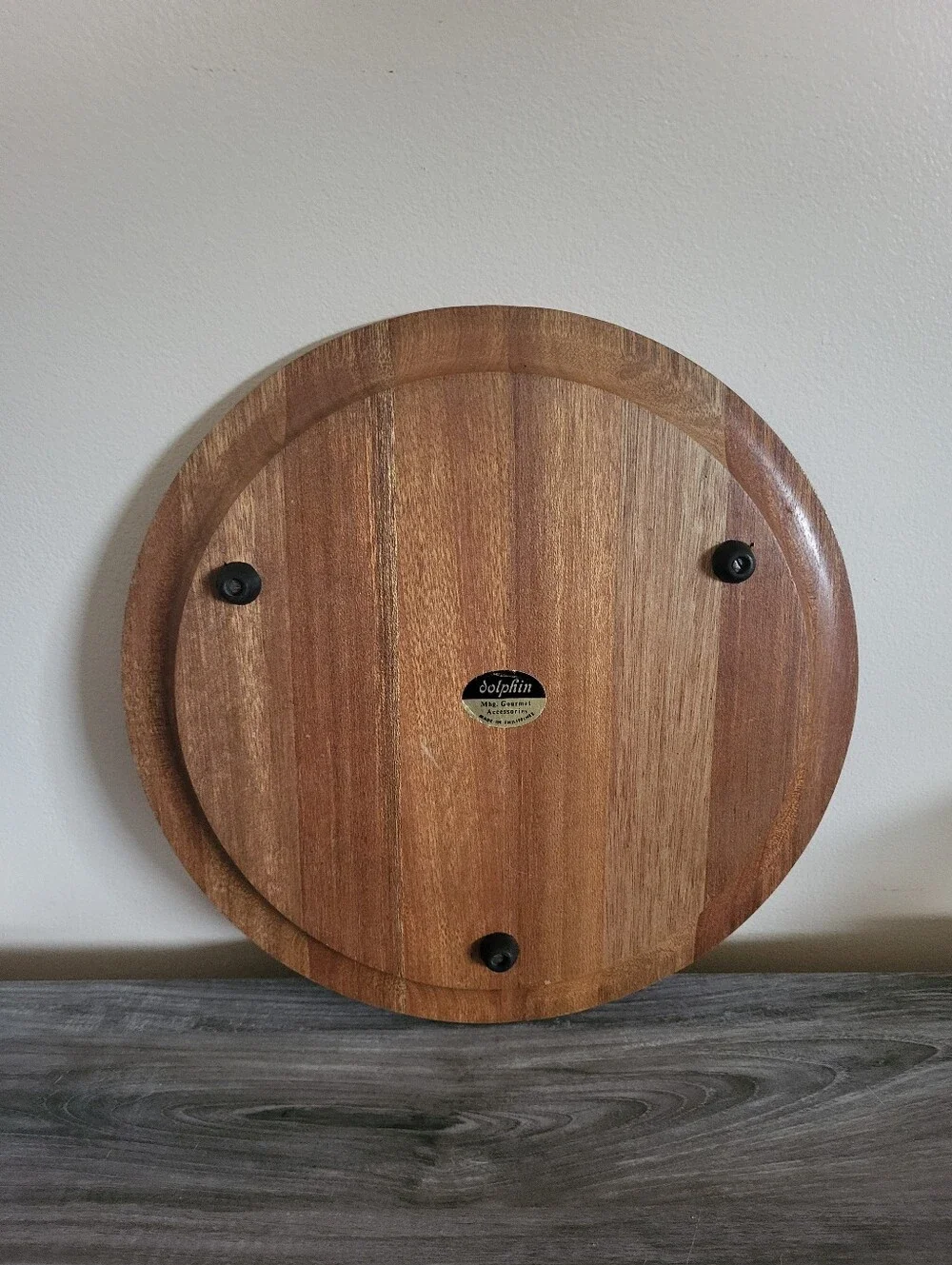 Vintage Dolphin Teak Wood Round Serving Tray 1970s